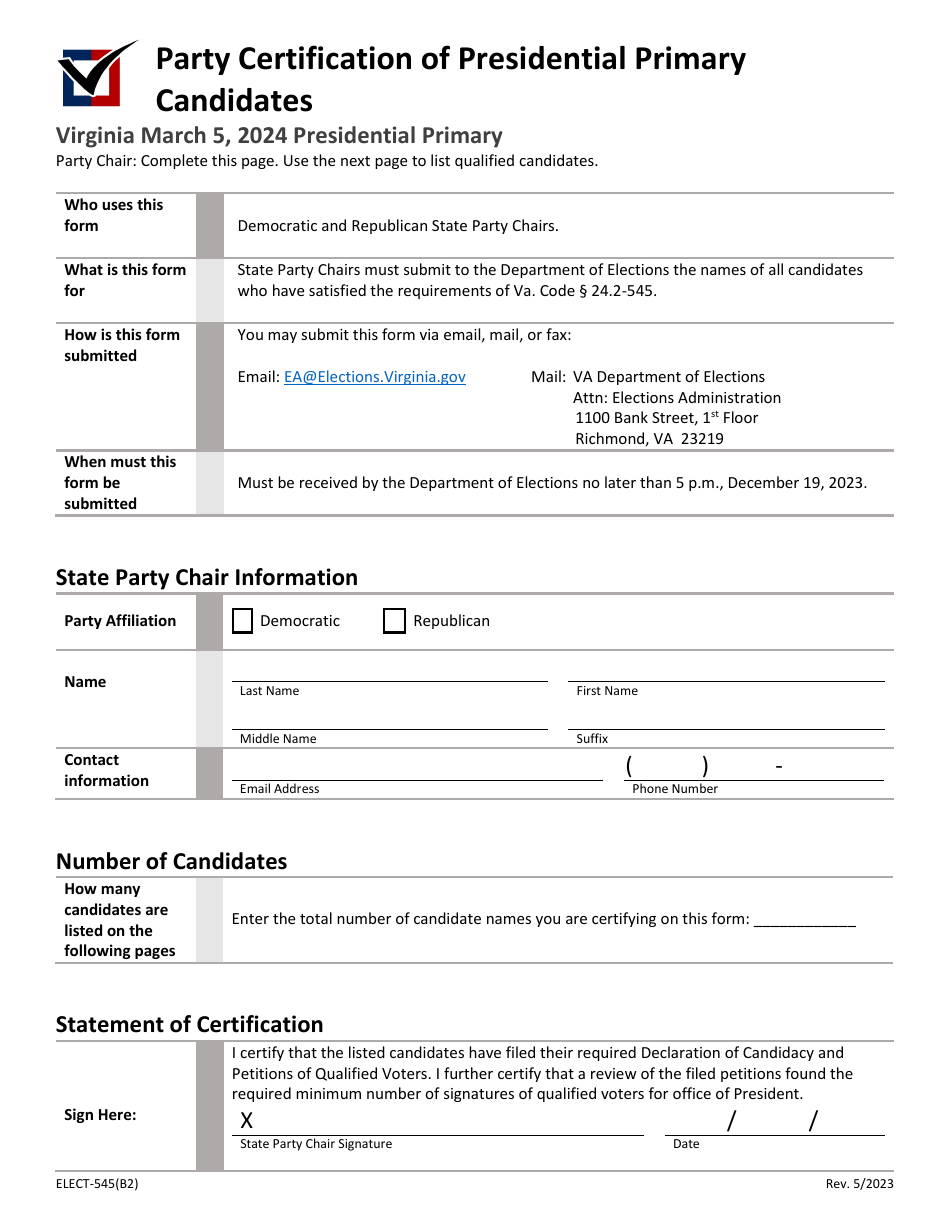 Form ELECT-545(B2) Party Certification of Presidential Primary Candidates - Virginia, Page 1