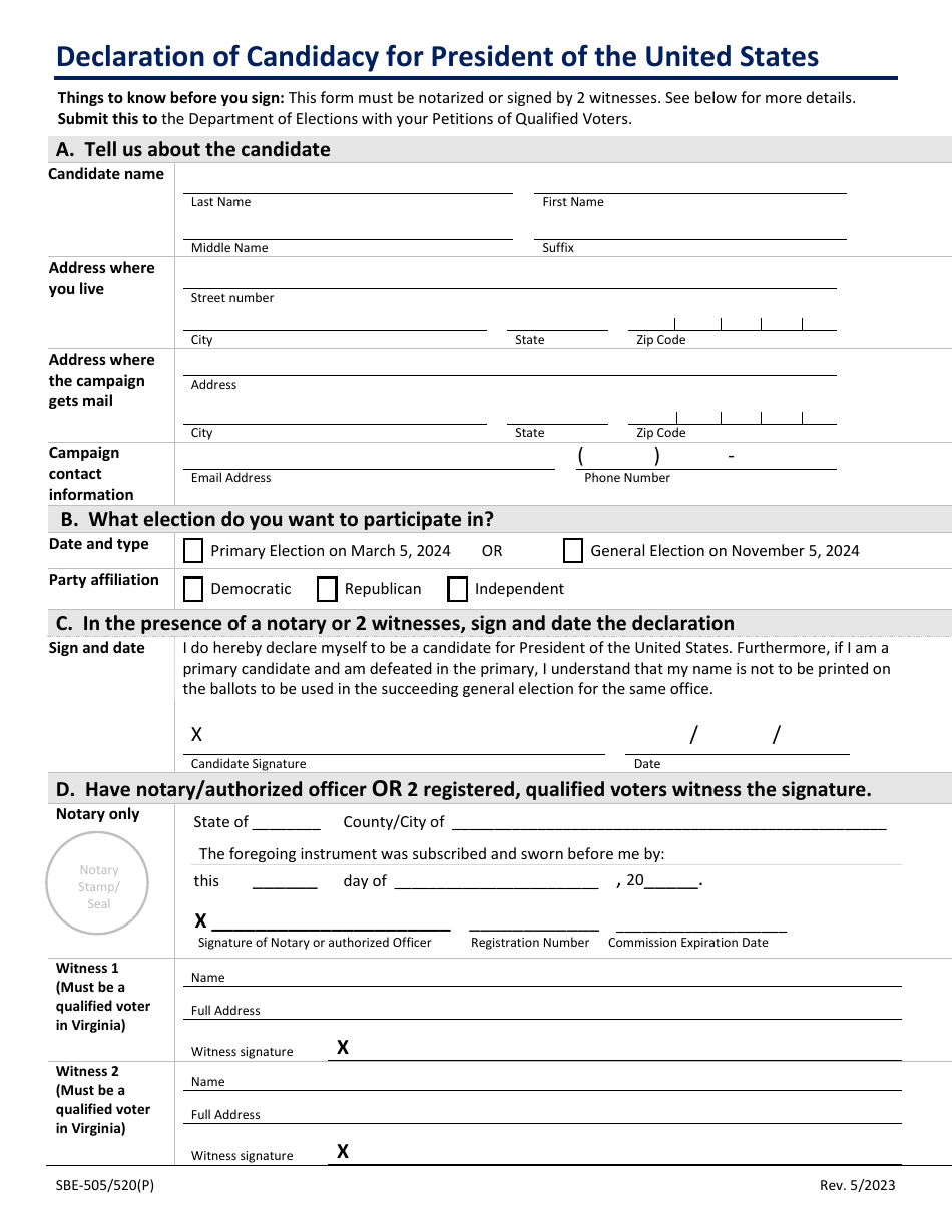 Form Sbe 505520p Download Printable Pdf Or Fill Online Declaration Of Candidacy For President 6358