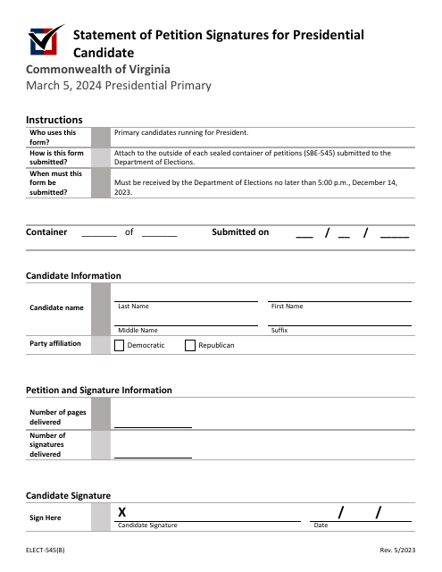Form ELECT-545(B) Statement of Petition Signatures for Presidential Candidate - Virginia, 2024