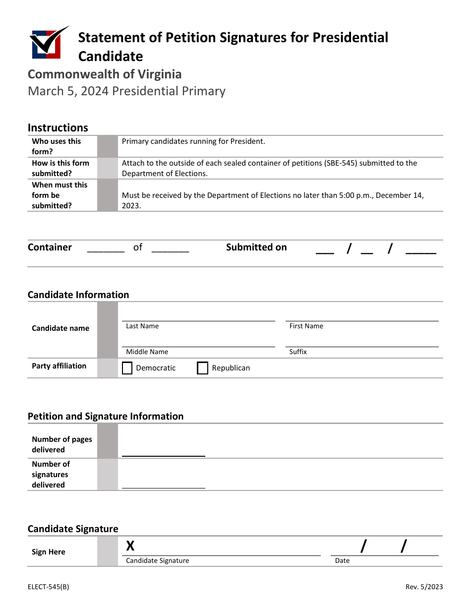 Form ELECT-545(B) Statement of Petition Signatures for Presidential Candidate - Virginia, Page 1