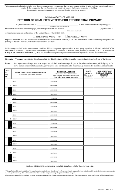 Form SBE-545 Petition of Qualified Voters for Presidential Primary - Virginia
