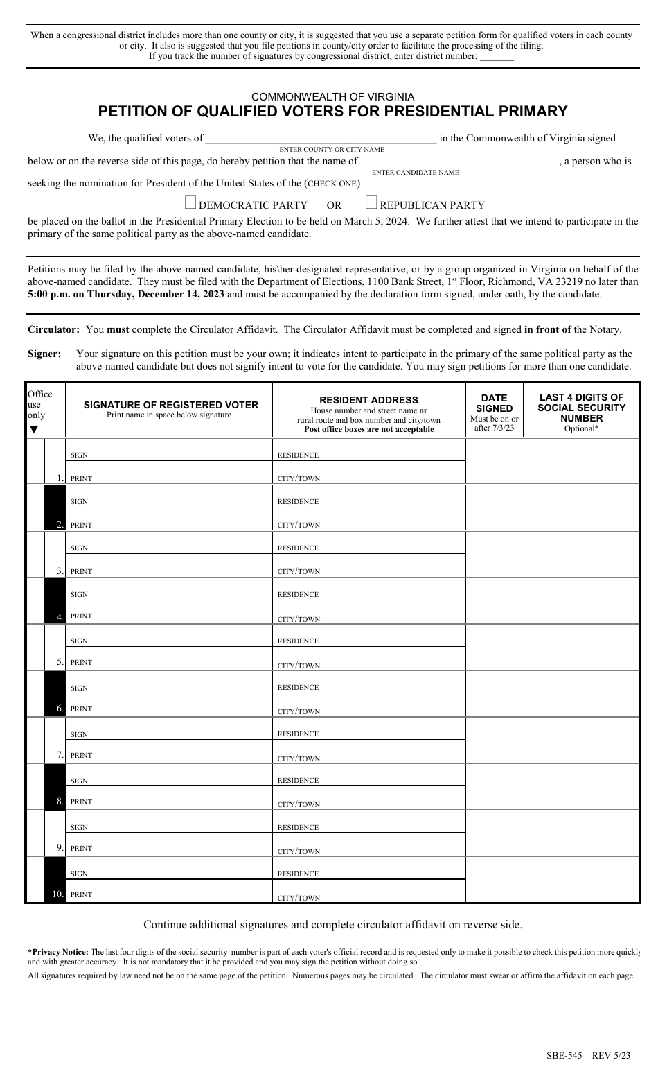 Form SBE-545 Petition of Qualified Voters for Presidential Primary - Virginia, Page 1