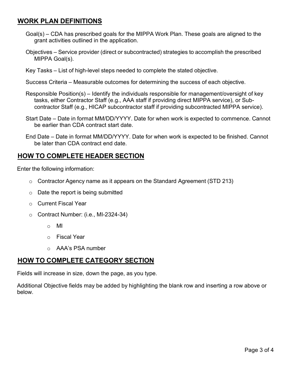 Instructions for Form CDA7001M Mippa Work Plan Template - California, Page 3