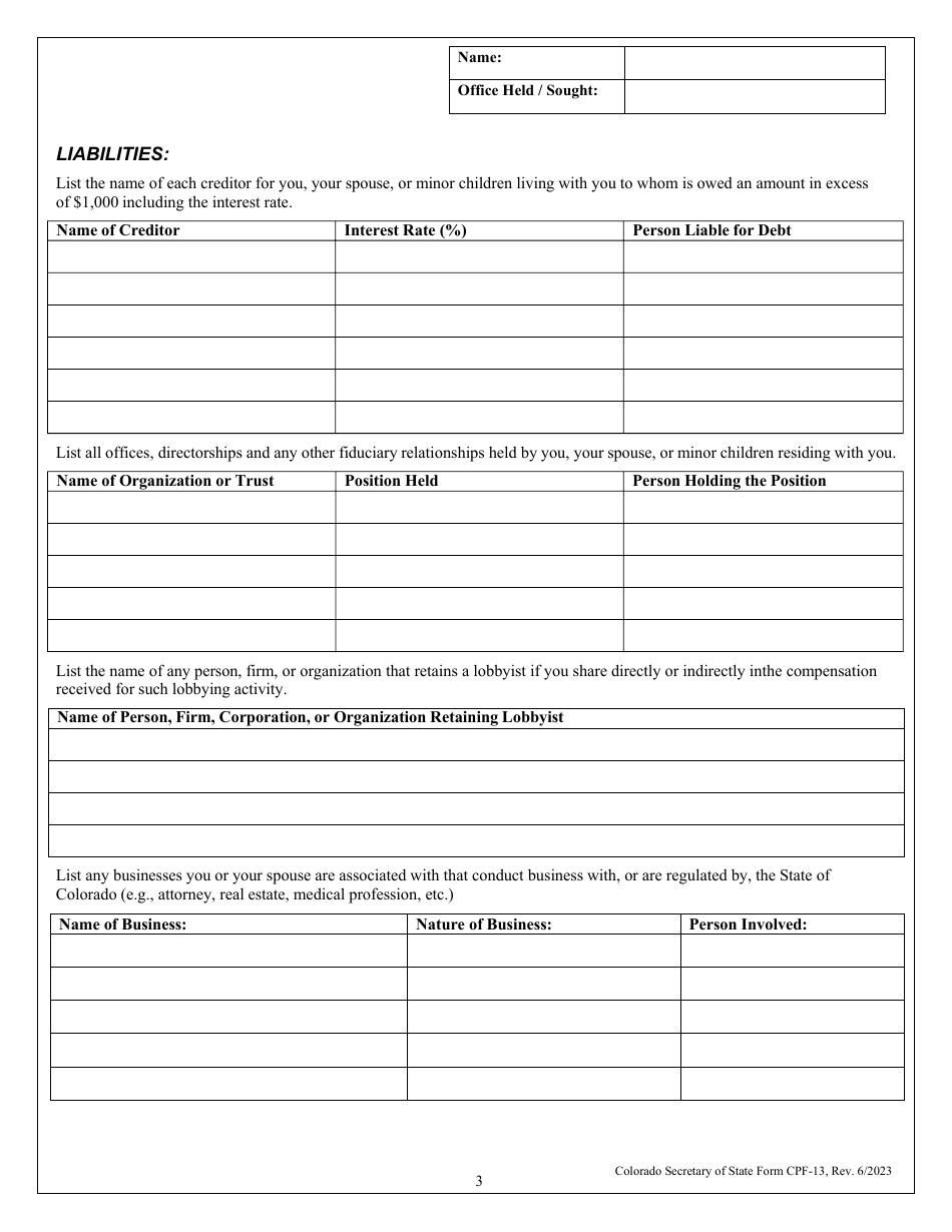 Form CPF-13 Personal Financial Disclosure Statement - Colorado, Page 3