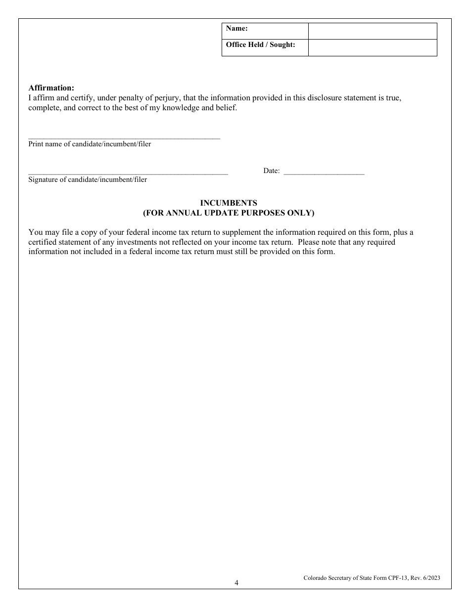 Form CPF-13 Personal Financial Disclosure Statement - Colorado, Page 4