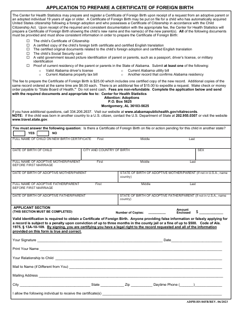 Form ADPH-HS84FB Application to Prepare a Certificate of Foreign Birth - Alabama