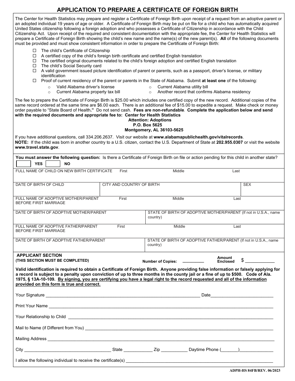 Form ADPH-HS84FB Application to Prepare a Certificate of Foreign Birth - Alabama, Page 1