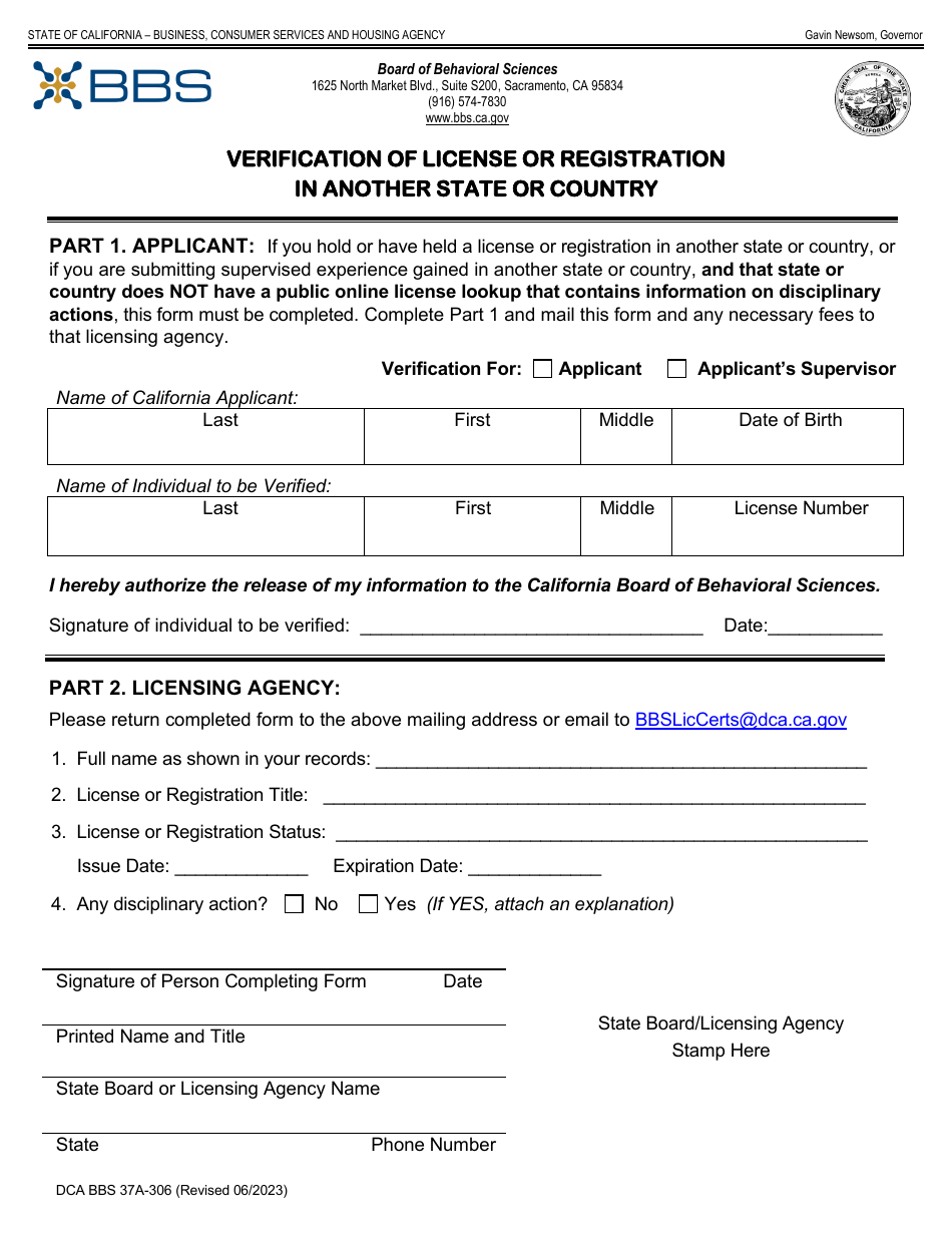 Form DCA BBS37A-306 Verification of License or Registration in Another State or Country - California, Page 1