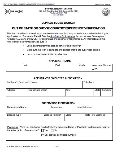 Form DCA BBS37A-202 Out of State or out-Of-Country Experience Verification - California