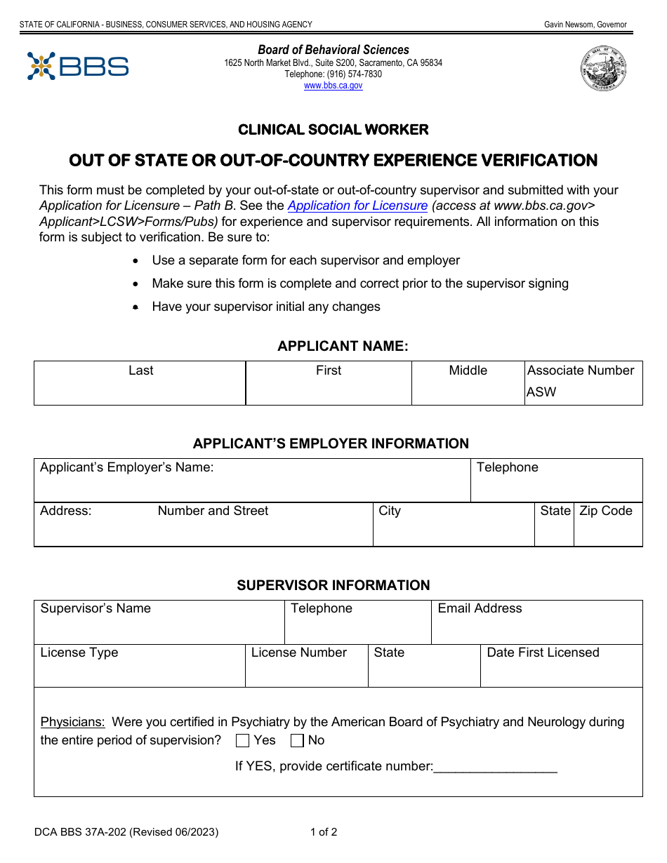 Form DCA BBS37A-202 Out of State or out-Of-Country Experience Verification - California, Page 1