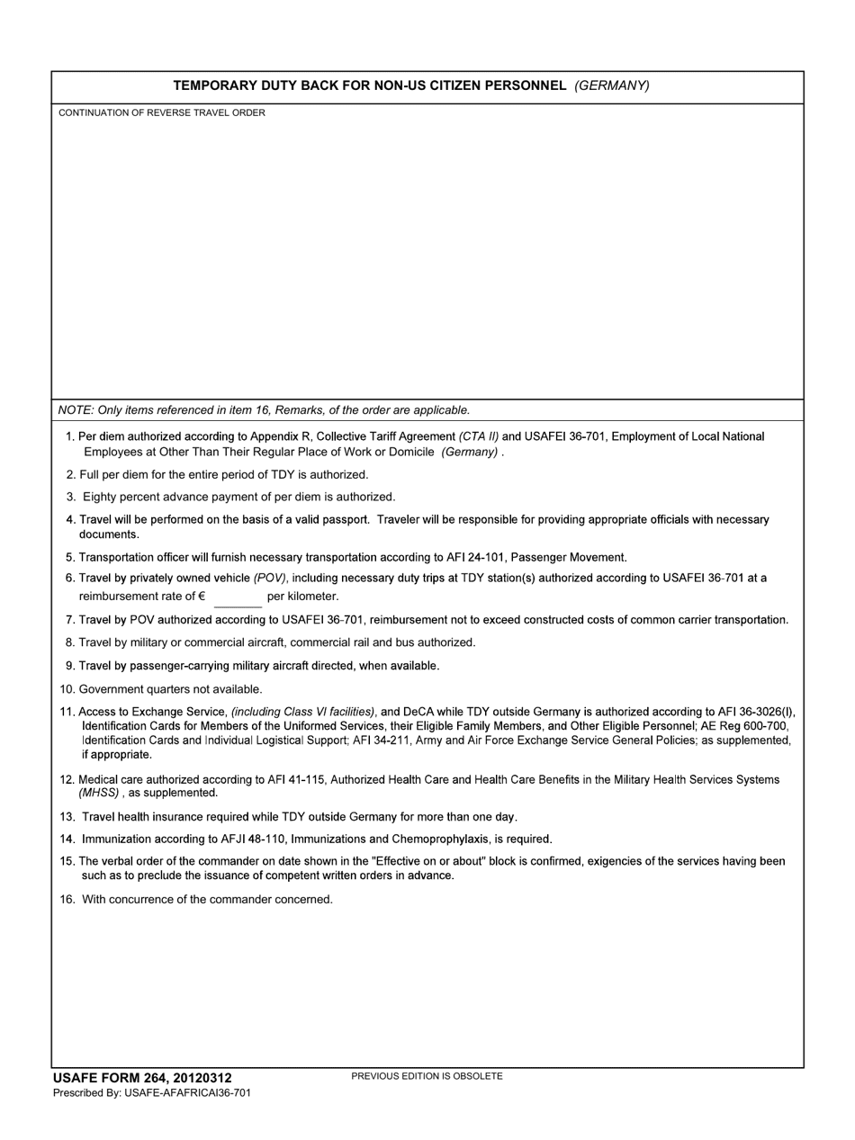 USAFE Form 264 Temporary Duty Back for Non-US Citizen Personnel (Germany), Page 1