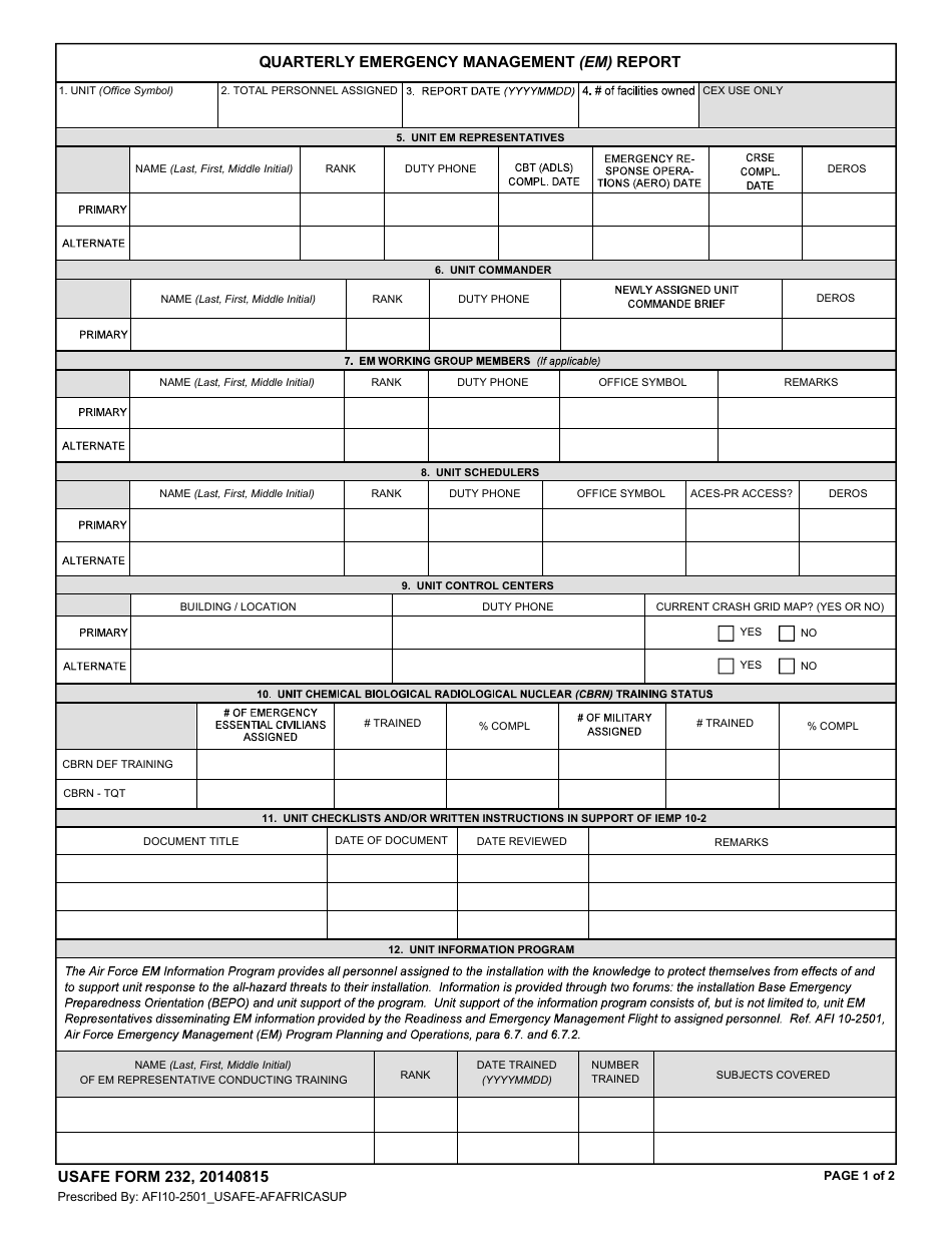 USAFE Form 232 Quarterly Emergency Management (Em) Report, Page 1