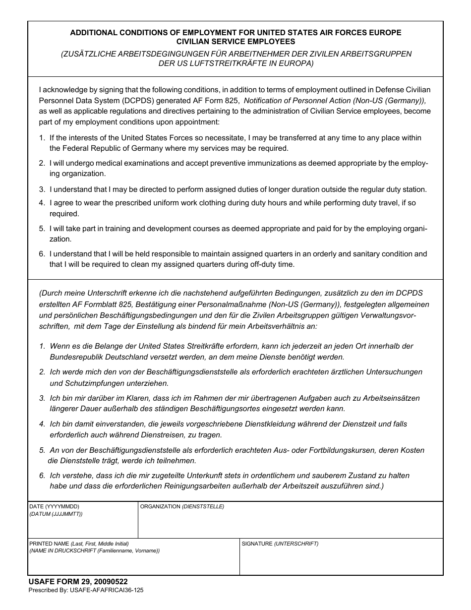 USAFE Form 29 Additional Conditions of Employment for United States Air Forces Europe Civilian Service Employees (English / German), Page 1