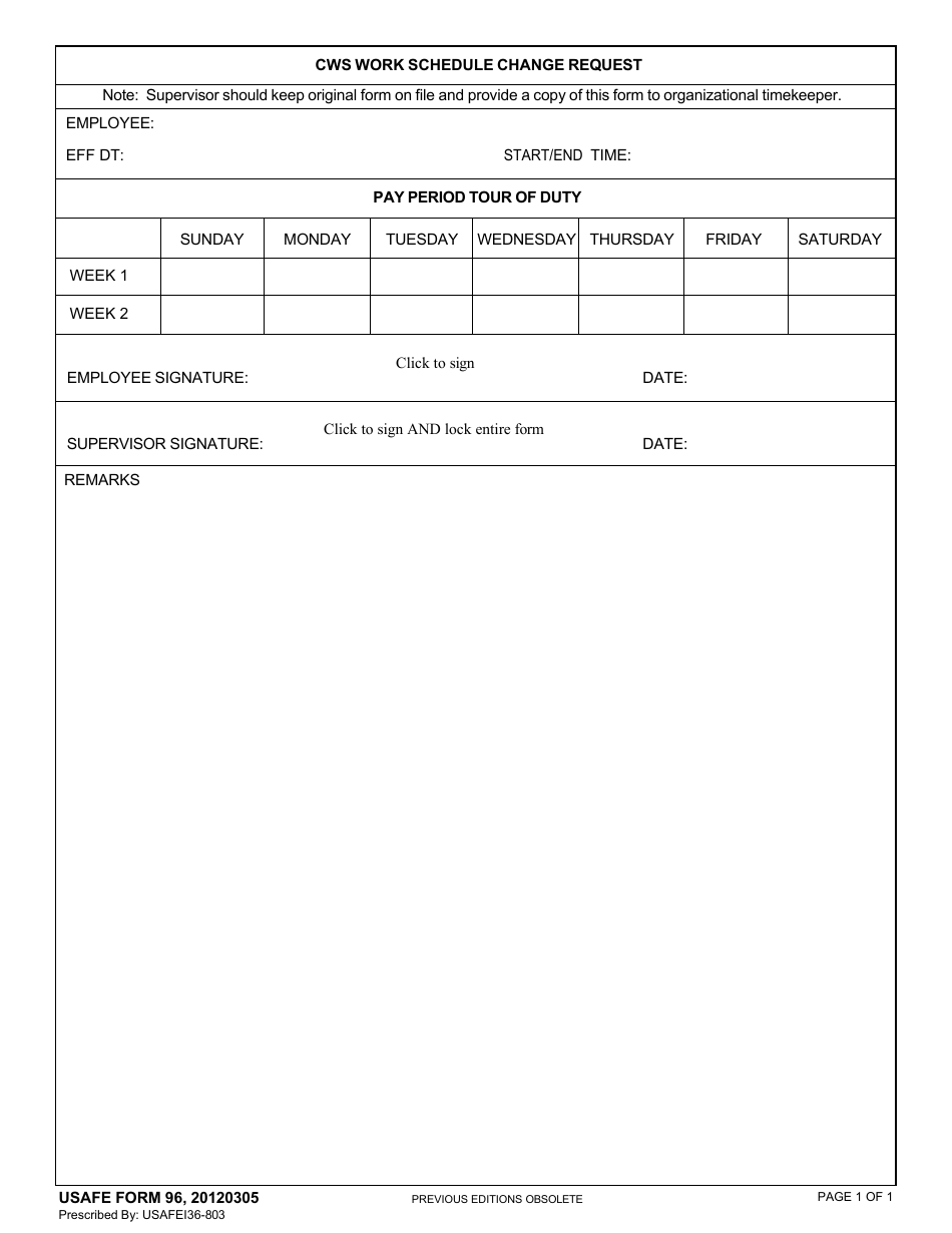 USAFE Form 96 Cws Work Schedule Change Request, Page 1