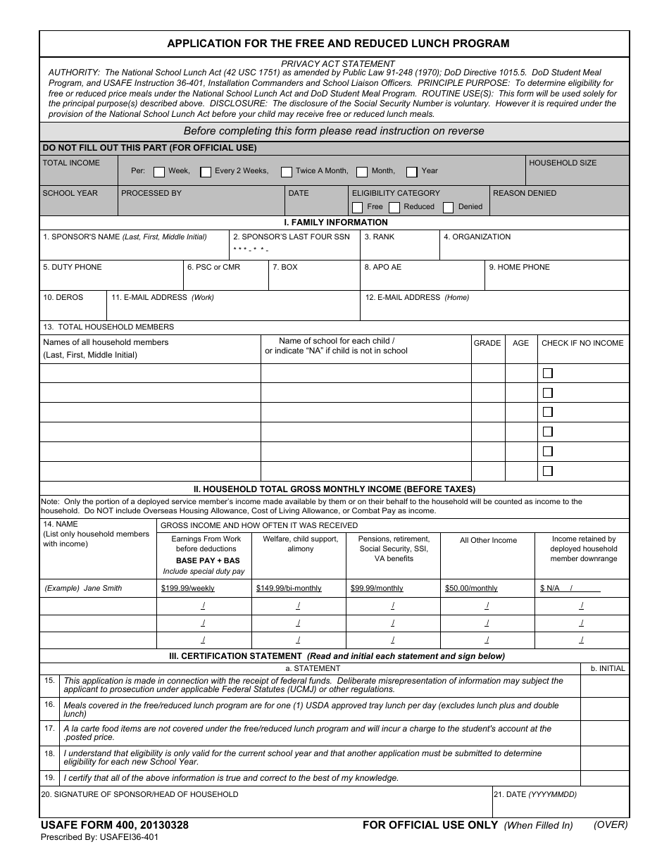 USAFE Form 400 Application for the Free and Reduced Lunch Program, Page 1