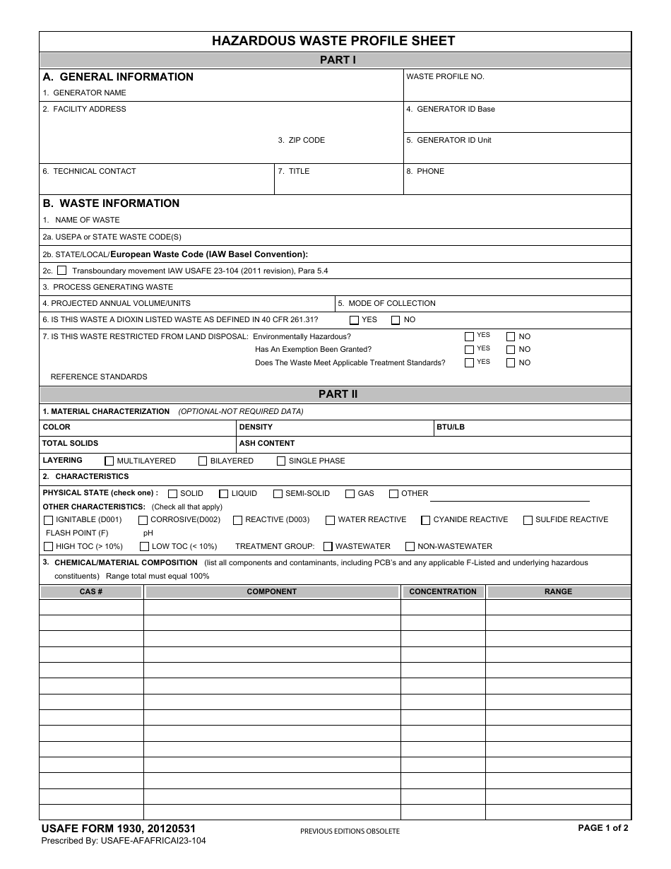 USAFE Form 1930 Hazardous Waste Profile Sheet, Page 1