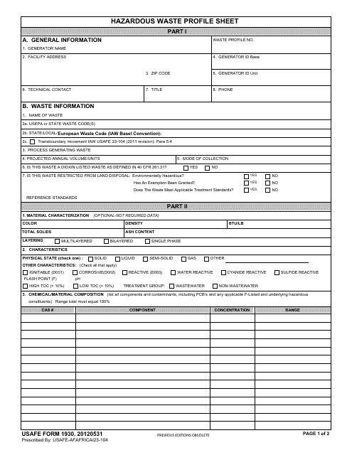 USAFE Form 1930 Hazardous Waste Profile Sheet