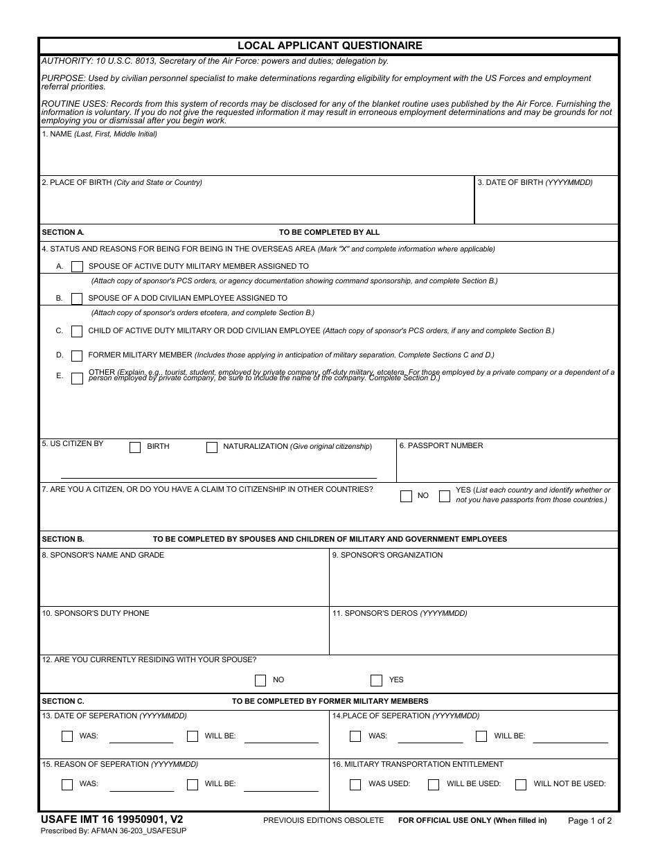 USAFE IMT Form 16 Local Applicant Questionaire, Page 1