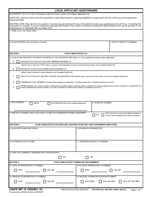 USAFE IMT Form 16 Local Applicant Questionaire