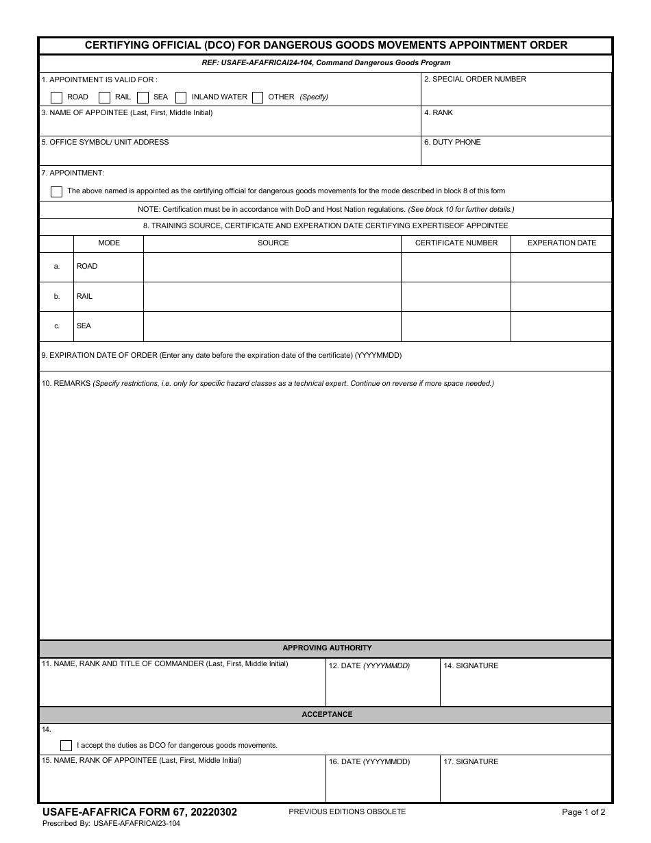 USAFE-AFAFRICA Form 67 Certifying Official (Dco) for Dangerous Goods Movements Appointment Order, Page 1