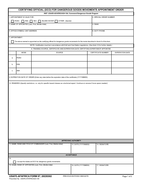 USAFE-AFAFRICA Form 67  Printable Pdf