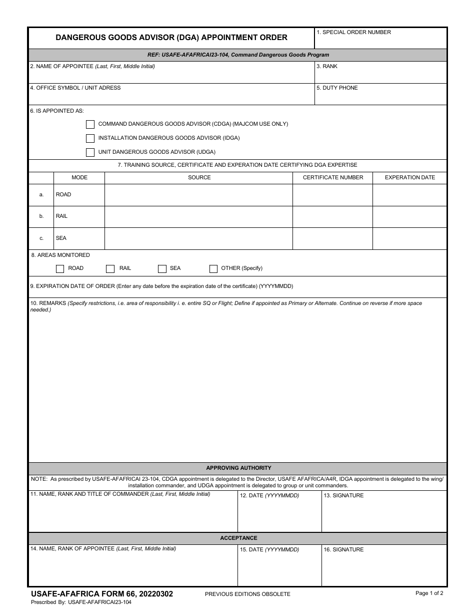 USAFE-AFAFRICA Form 66 Dangerous Goods Advisor (Dga) Appointment Order, Page 1