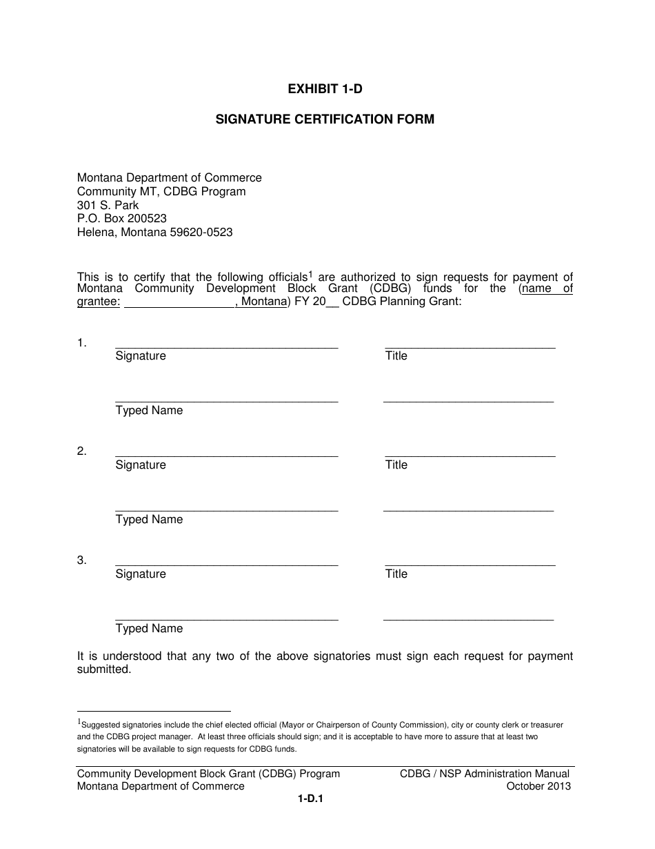 Exhibit 1-D Signature Certification Form - Montana, Page 1
