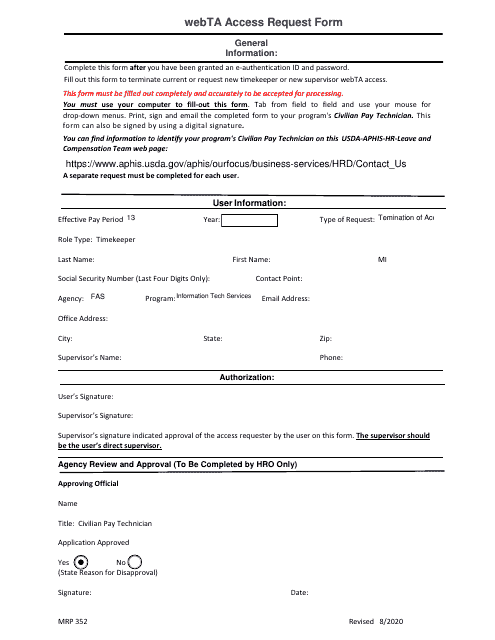 MRP Form 352 Webta Access Request Form