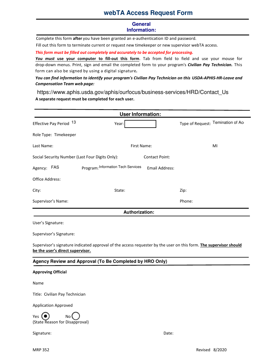 MRP Form 352 Webta Access Request Form, Page 1