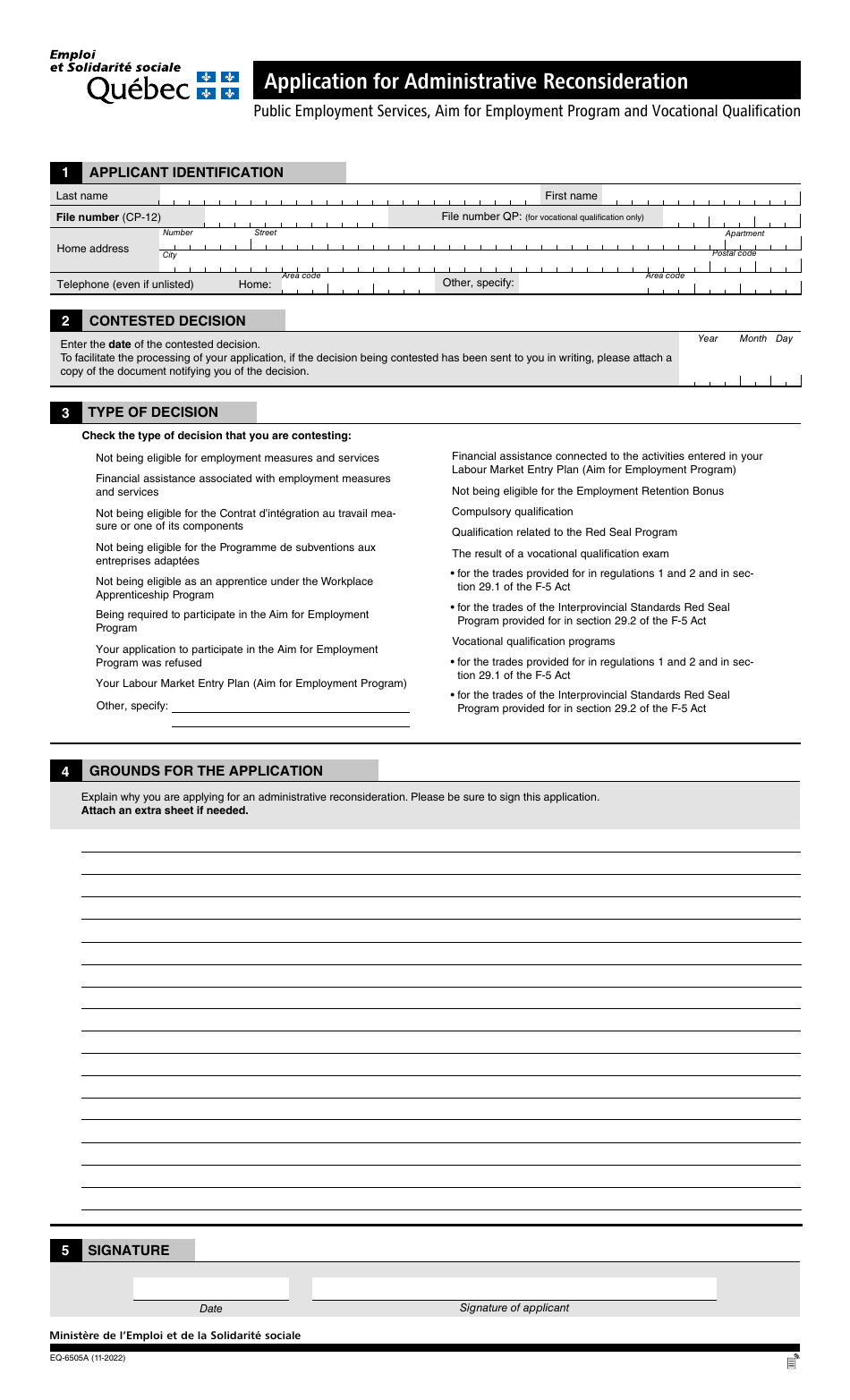 Form EQ-6505A Application for an Administrative Reconsideration - Public Employment Services - Quebec, Canada, Page 2