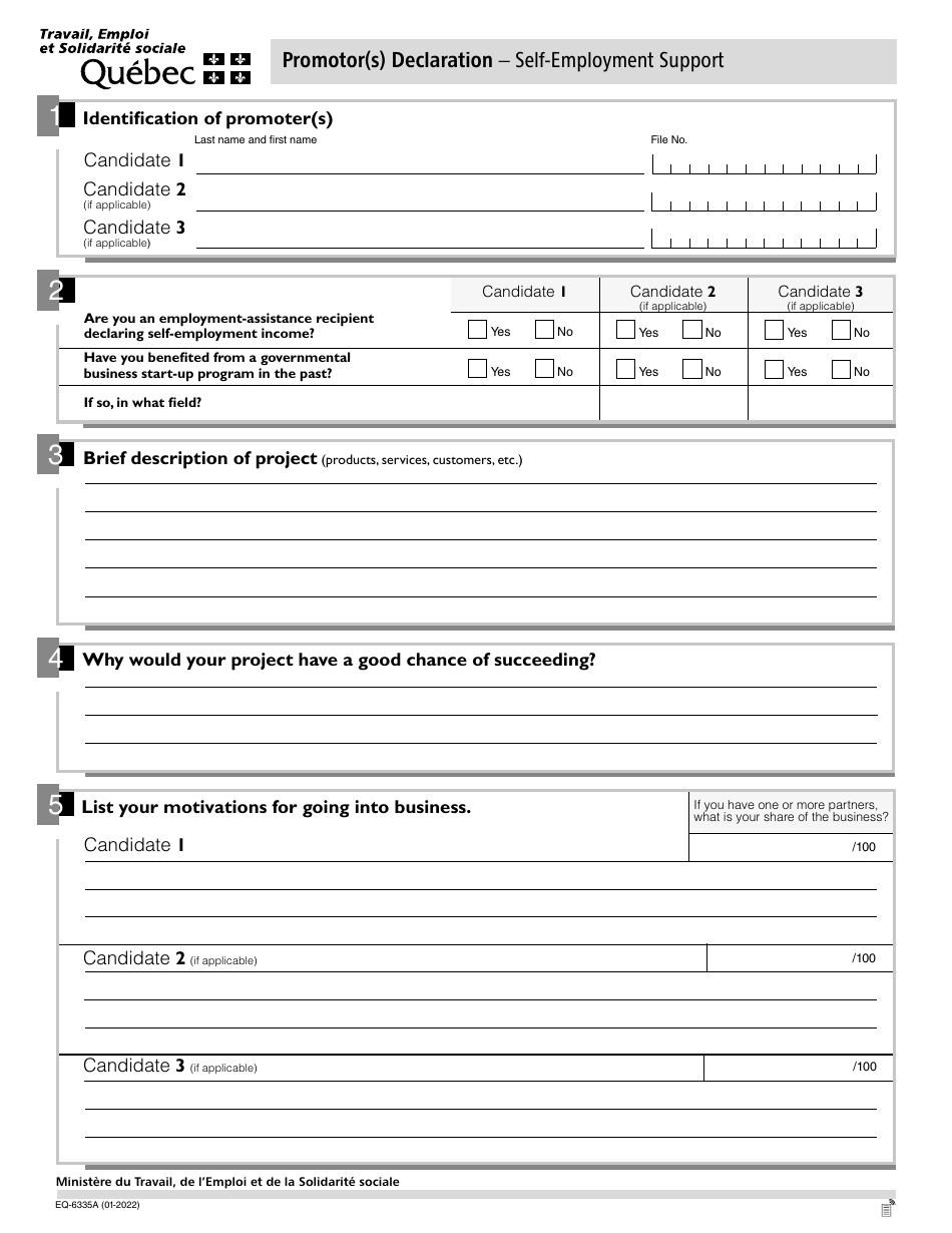 Form EQ-6335A Promotor(S) Declaration - Self-employment Support - Quebec, Canada, Page 1