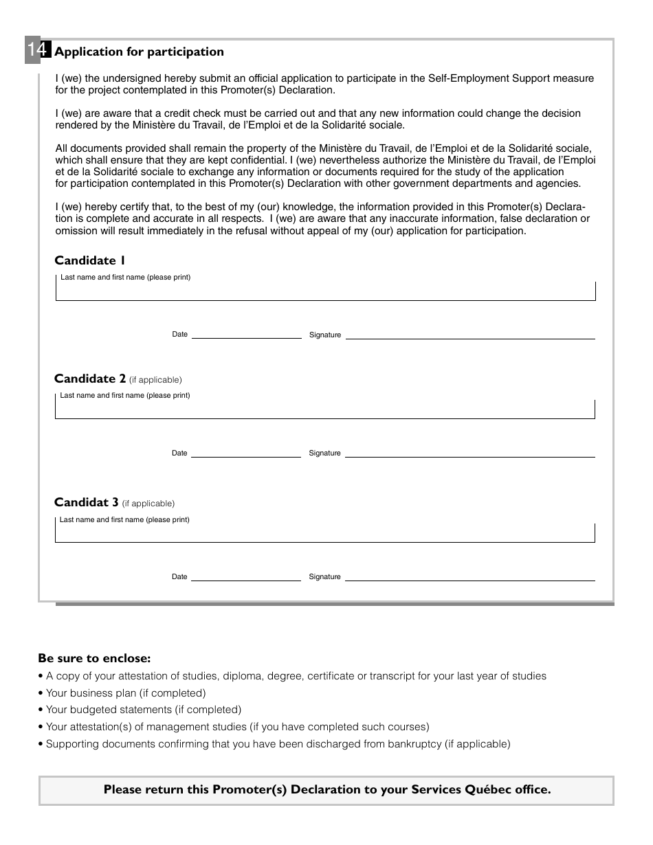 Form EQ-6335A Promotor(S) Declaration - Self-employment Support - Quebec, Canada, Page 4
