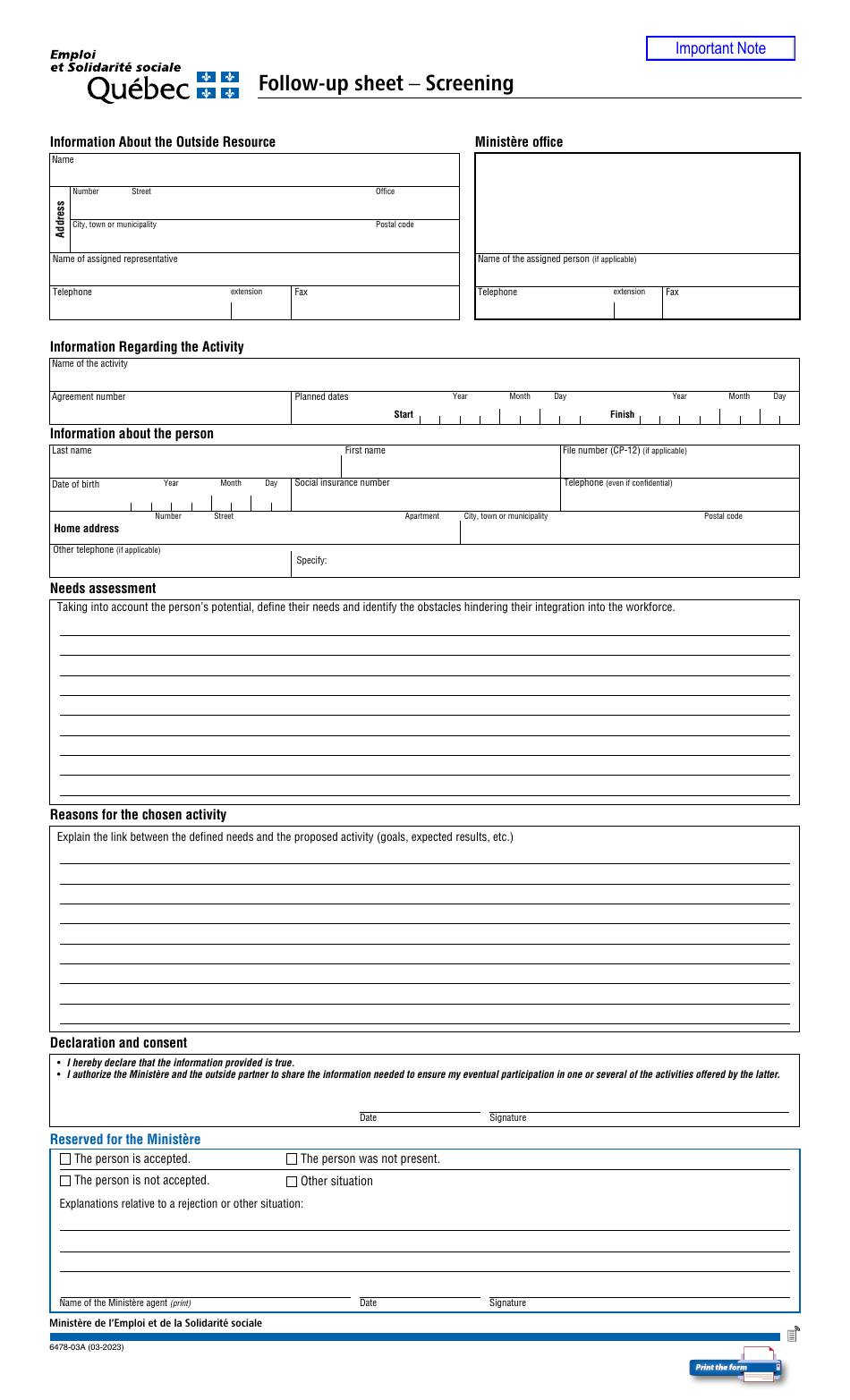 Form 6478-03A Follow-Up Sheet - Screening - Quebec, Canada, Page 1