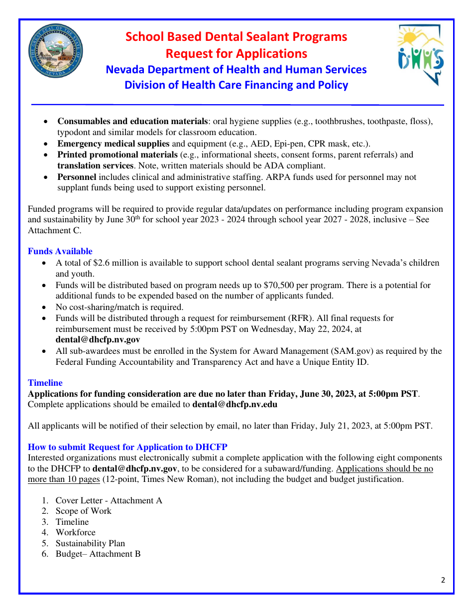 Request for Applications - School Based Dental Sealant Programs - Nevada, Page 2