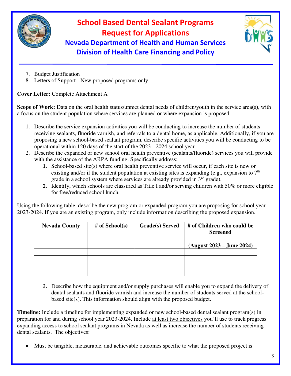 Request for Applications - School Based Dental Sealant Programs - Nevada, Page 3