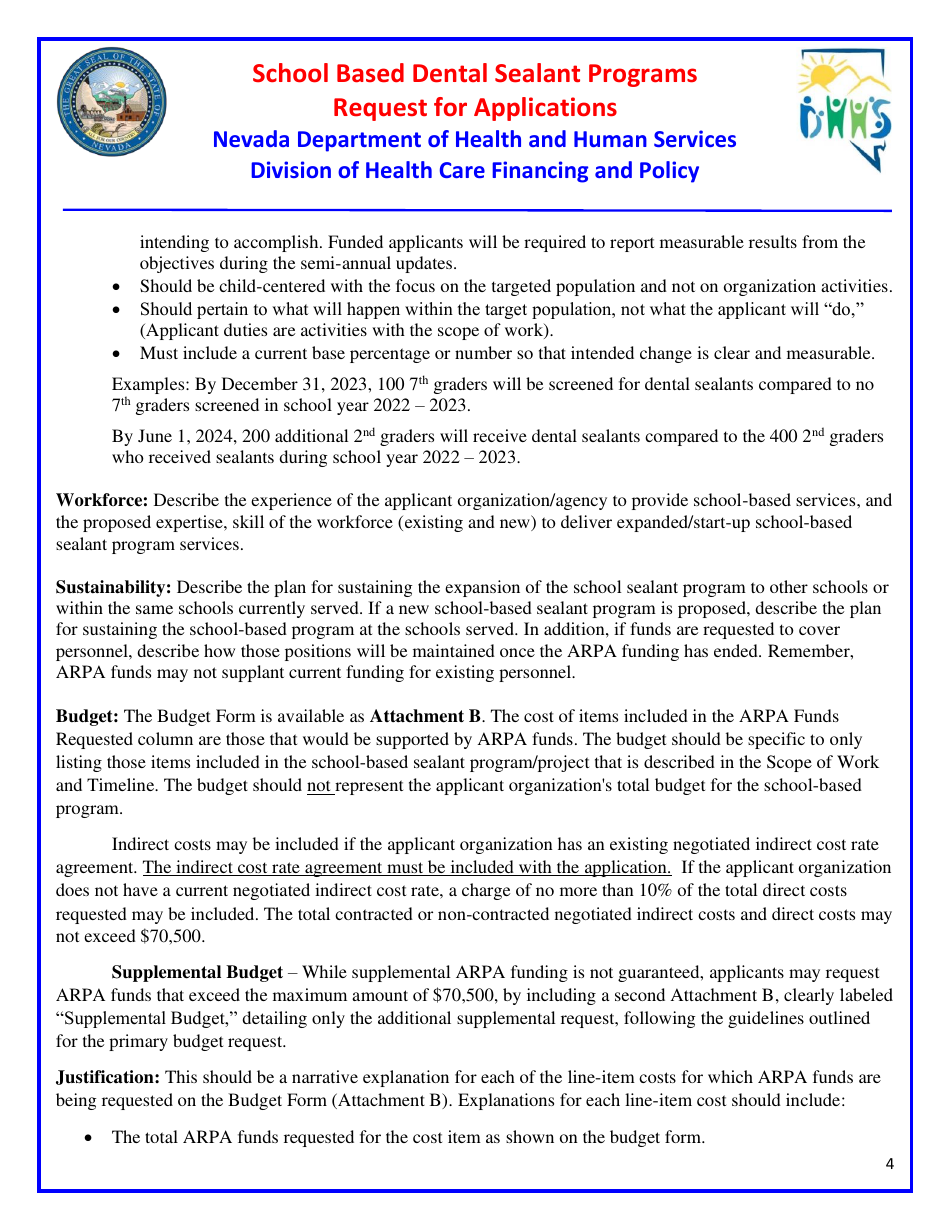 Request for Applications - School Based Dental Sealant Programs - Nevada, Page 4