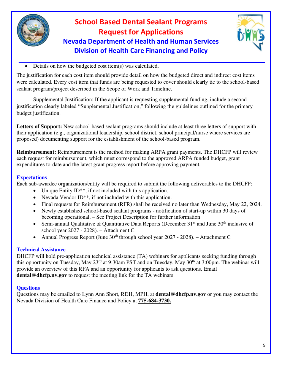 Request for Applications - School Based Dental Sealant Programs - Nevada, Page 5