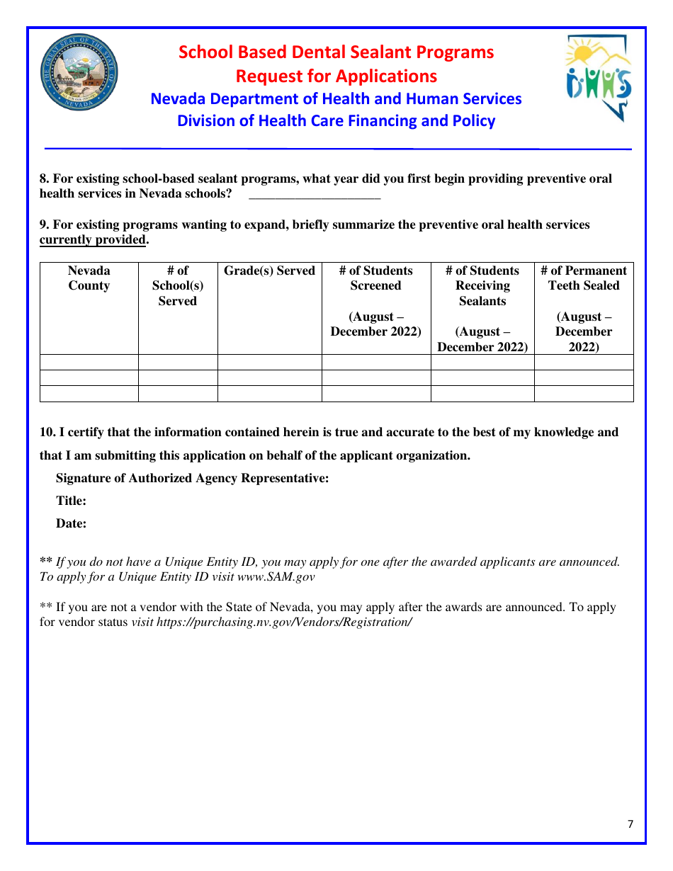 Request for Applications - School Based Dental Sealant Programs - Nevada, Page 7