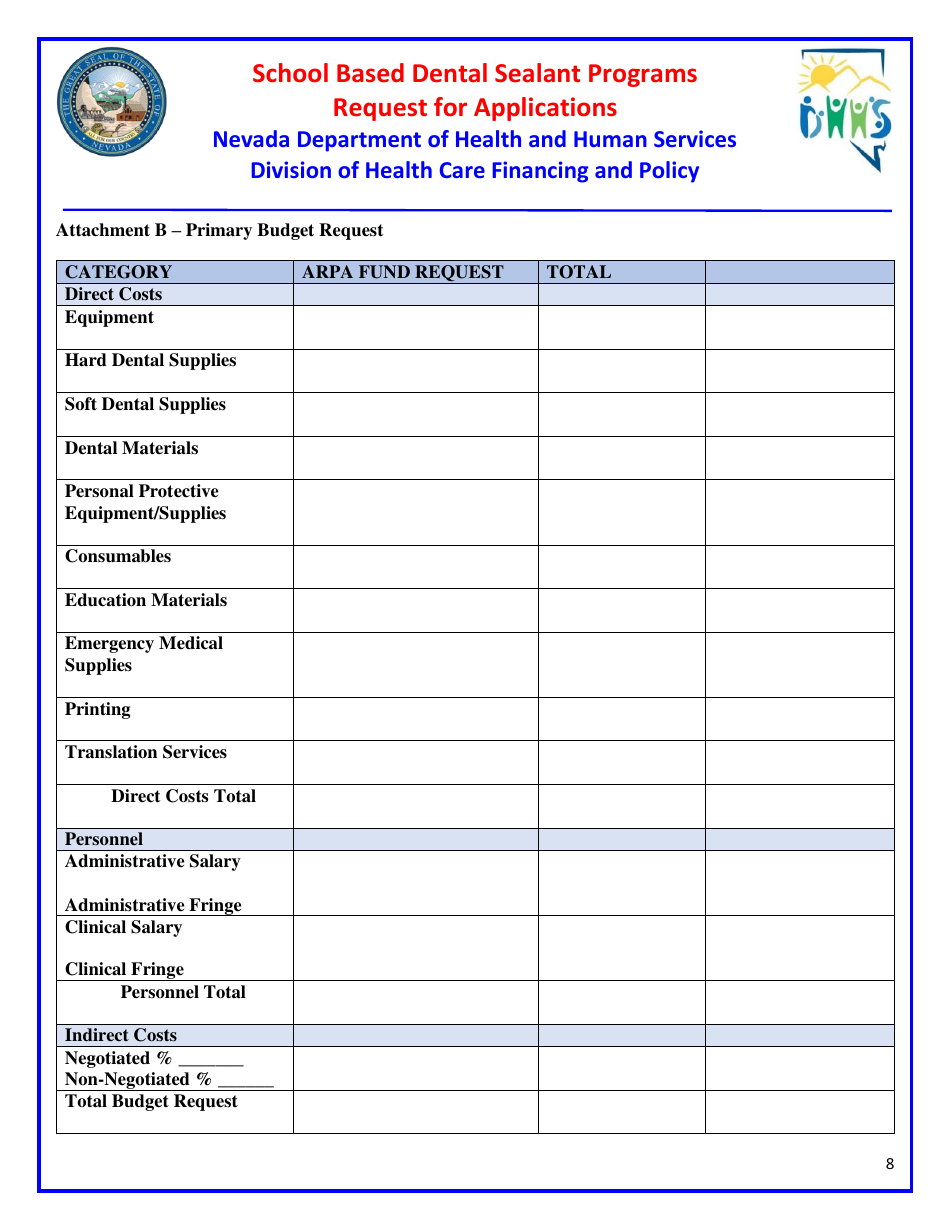 Request for Applications - School Based Dental Sealant Programs - Nevada, Page 8