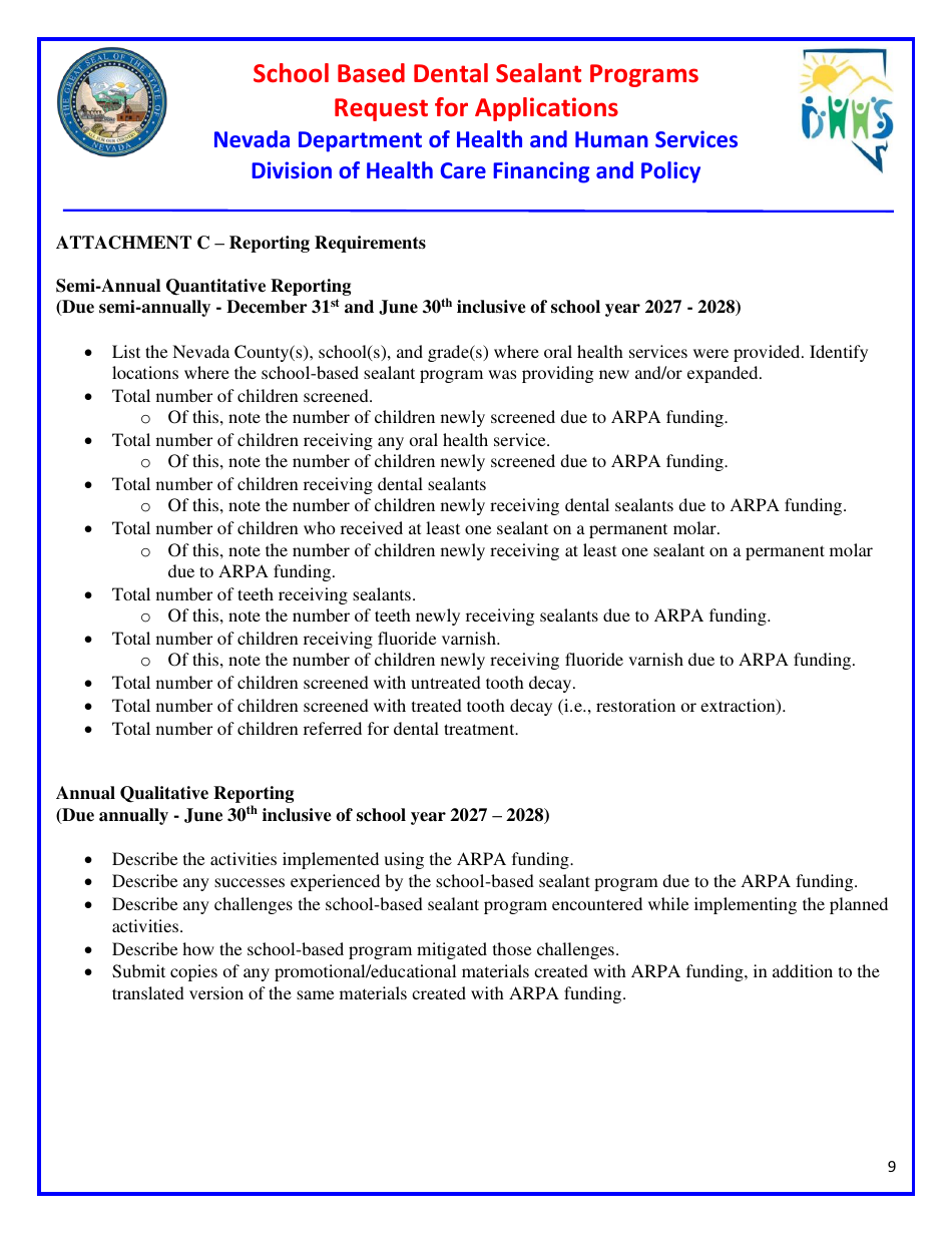 Request for Applications - School Based Dental Sealant Programs - Nevada, Page 9