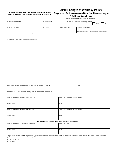 APHIS Form 372  Printable Pdf