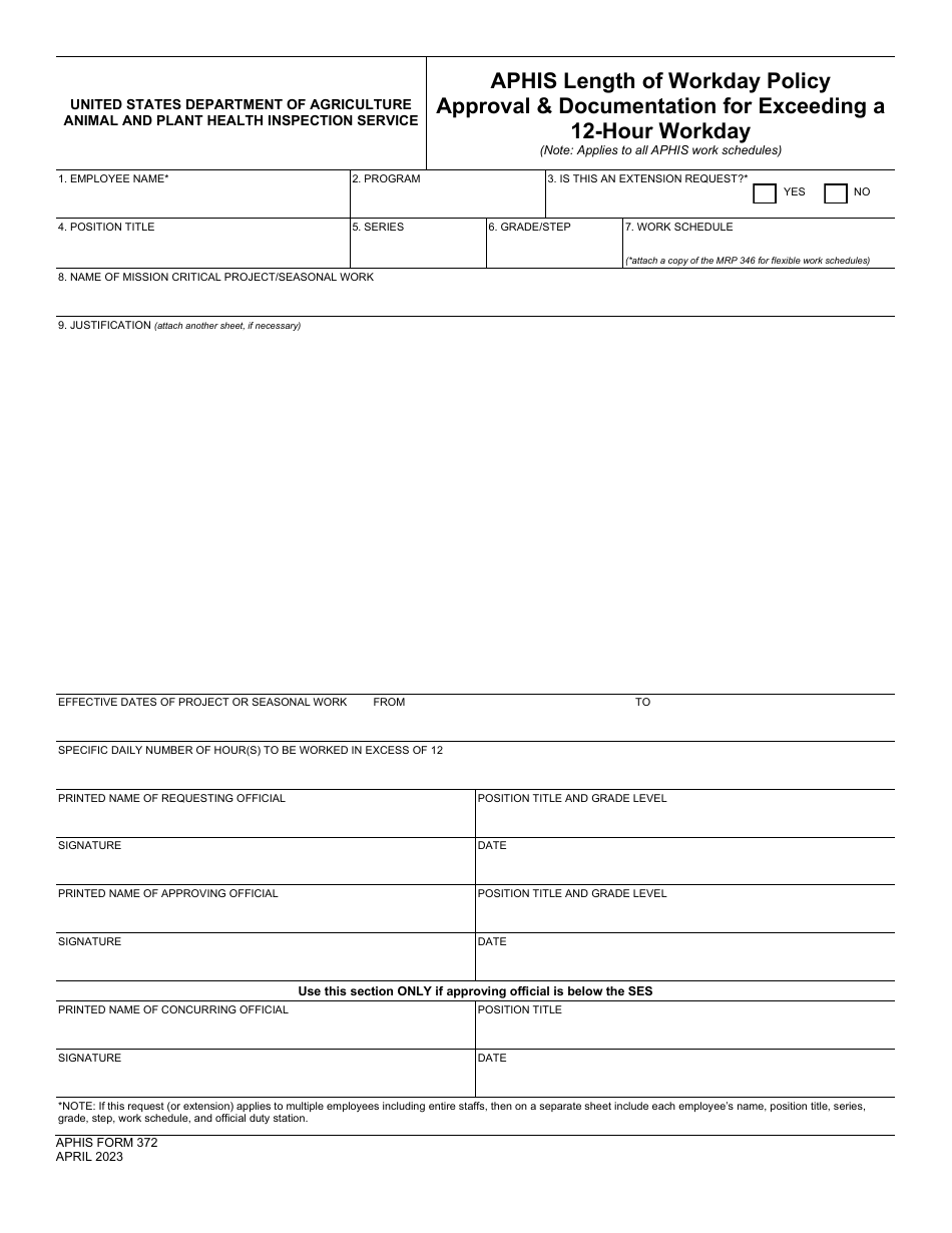 APHIS Form 372 Aphis Length of Workday Policy Approval  Documentation for Exceeding a 12-hour Workday, Page 1