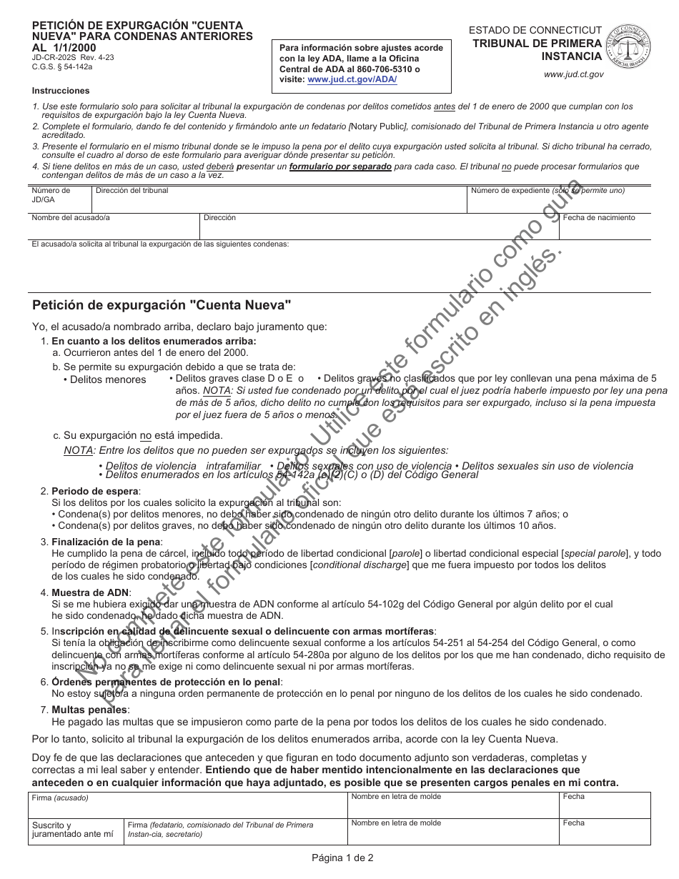 Formulario JD-CR-202S Peticion De Expurgacion cuenta Nueva Para Condenas Anteriores Al 1 / 1 / 2000 - Connecticut (Spanish), Page 1