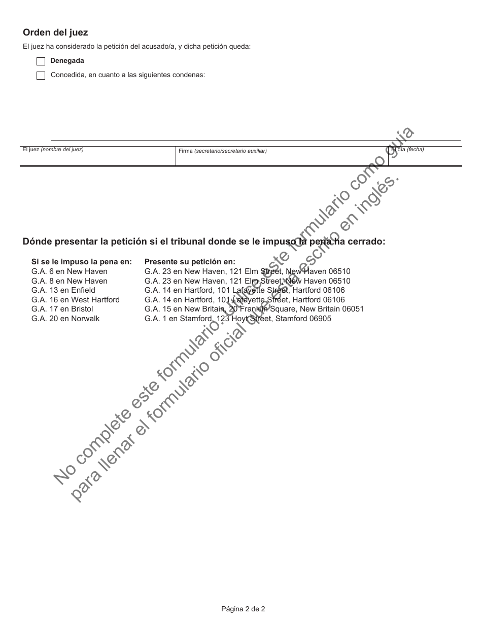 Formulario JD-CR-202S Peticion De Expurgacion cuenta Nueva Para Condenas Anteriores Al 1 / 1 / 2000 - Connecticut (Spanish), Page 2
