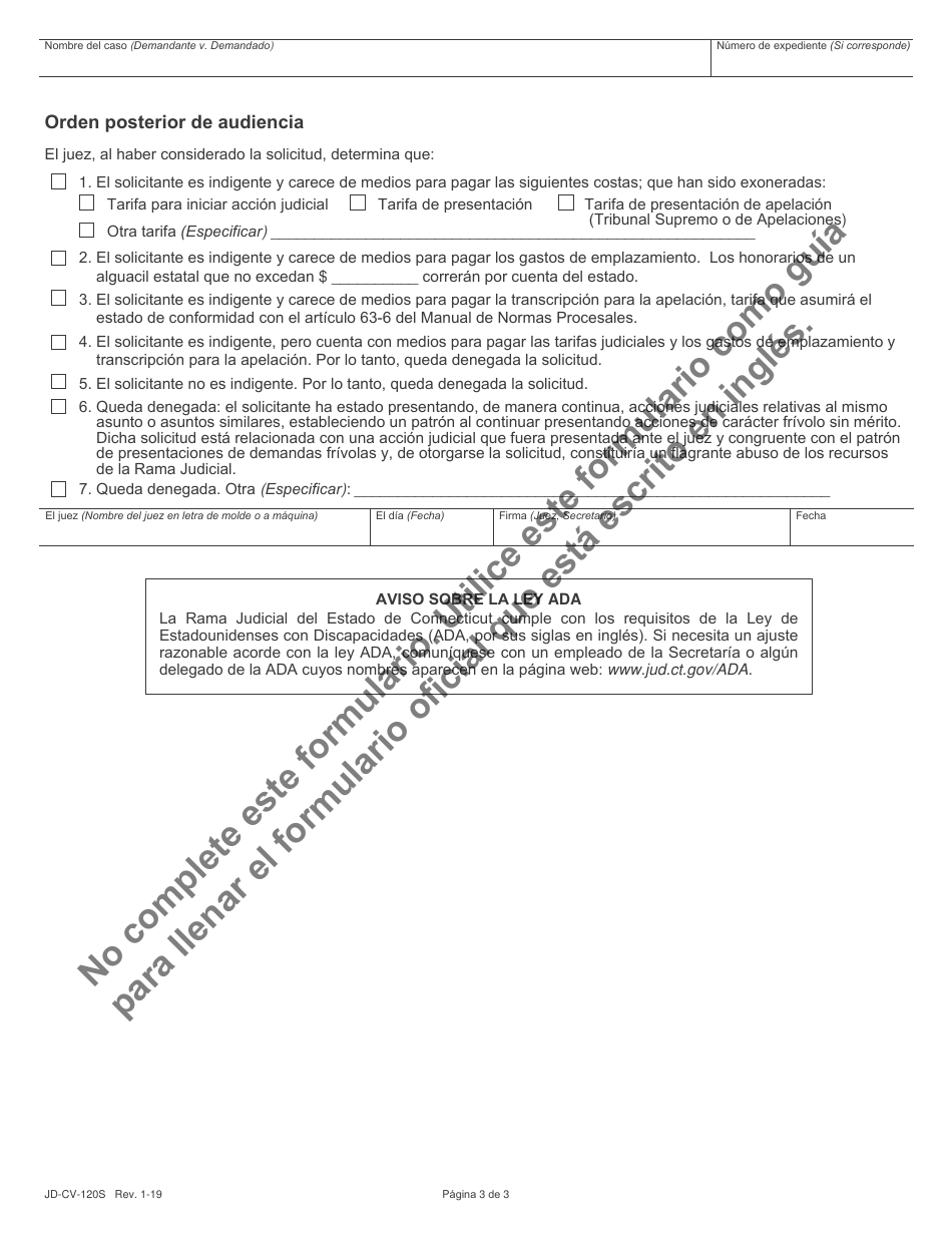 Formulario JD-CV-120S Solicitud De Exoneracion Del Pago De Tarifas Y Costas Judiciales - Casos Civiles, De Vivienda, Demandas De Menor Cuantia Y Apelaciones - Connecticut (Spanish), Page 3