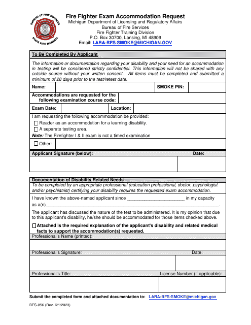 Form BFS-856 Fire Fighter Exam Accommodation Request - Michigan