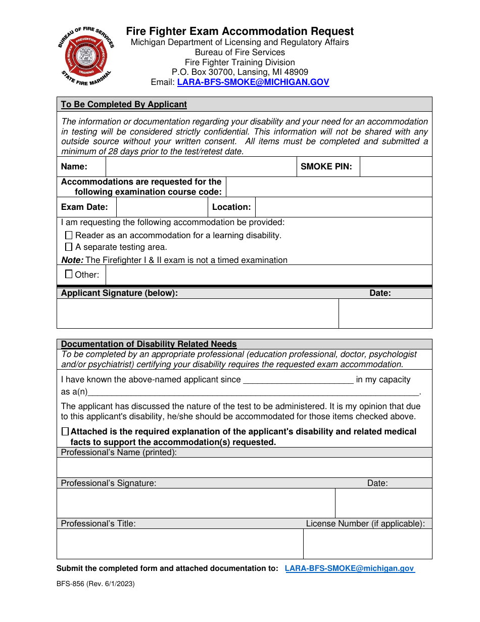 Form BFS-856 Fire Fighter Exam Accommodation Request - Michigan, Page 1