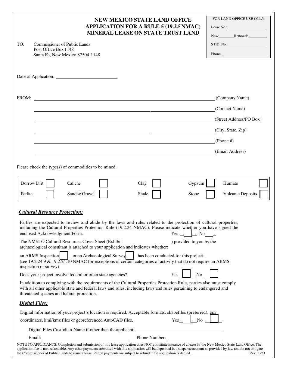 New Mexico Application for a Rule 5 (19.2.5nmac) Mineral Lease on State ...