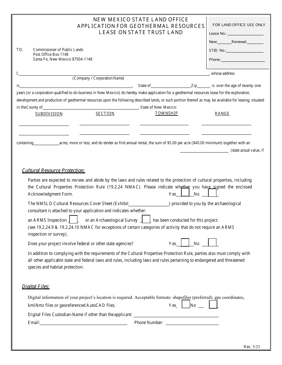 Application for Geothermal Resources Lease on State Trust Land - New Mexico, Page 1