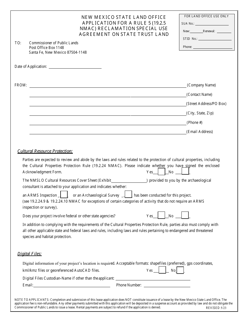 Application for a Rule 5 (19.2.5 Nmac) Reclamation Special Use Agreement on State Trust Land - New Mexico, Page 1